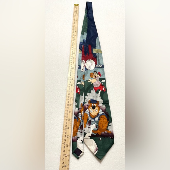 Vintage 1994 Cartoon Network Silk Necktie Baseball Fred Flintstone Yogi Bear - Picture 8 of 11